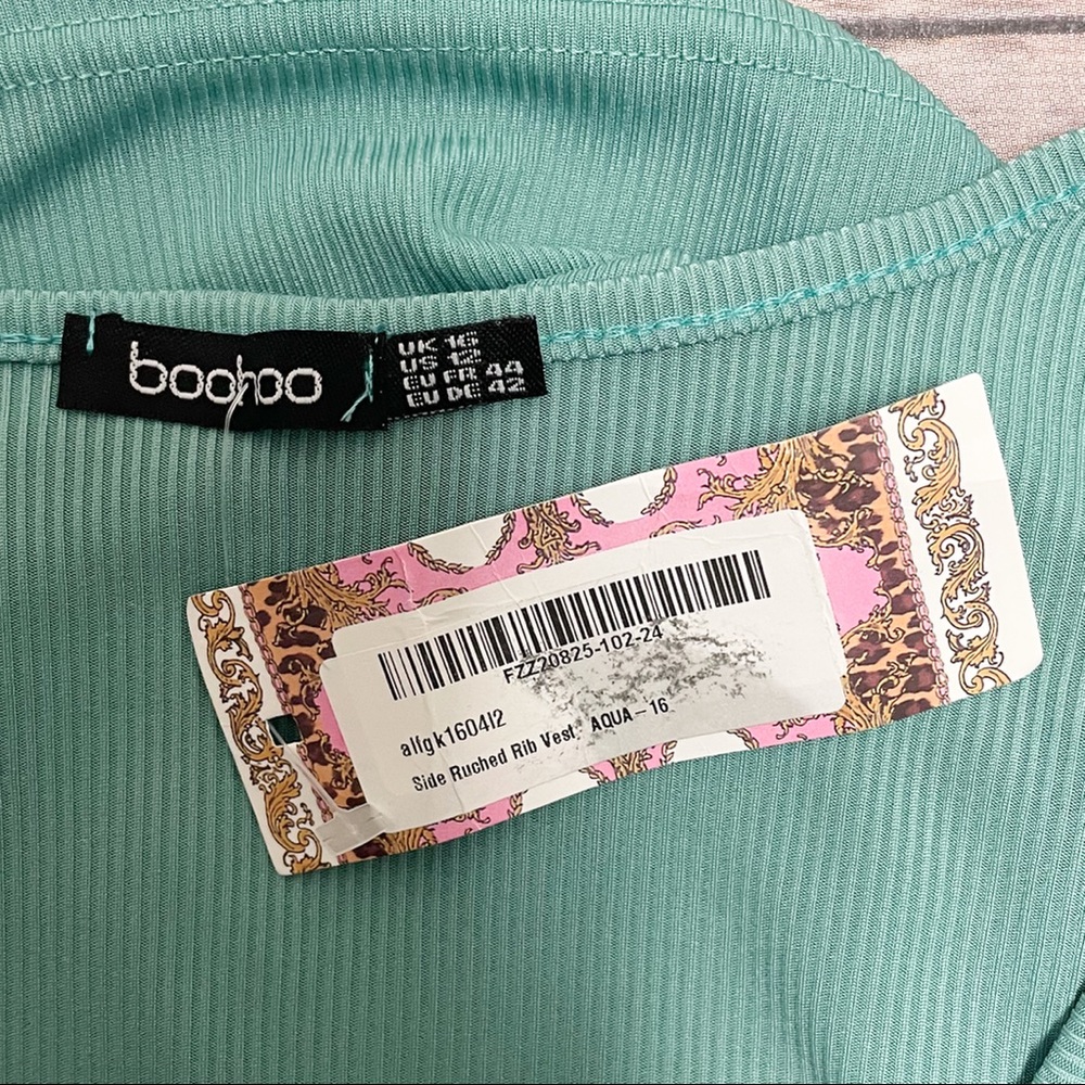 Boohoo Aqua Green Side Ruched Ribbed Sleeveless Square Neck Tank NWT 12 *Fitted* - Picture 6 of 7